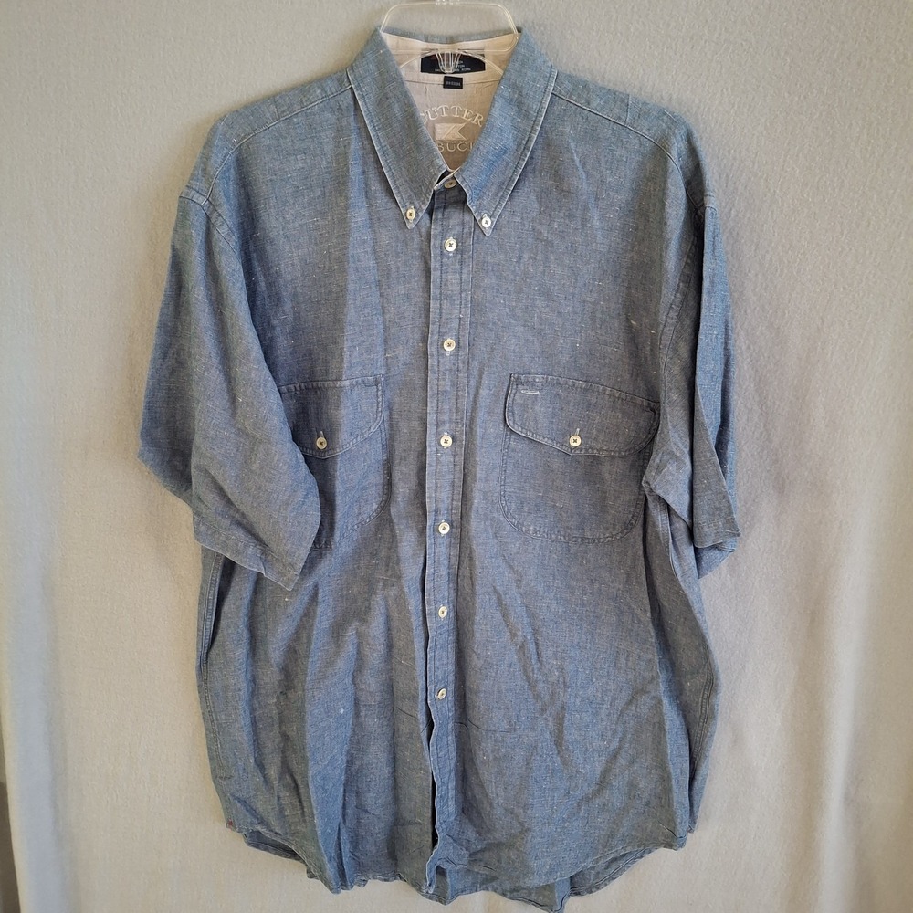 Vintage Cutter & Buck Mens L Blue Linen Cotton Button‎ Down Shirt Made in HK